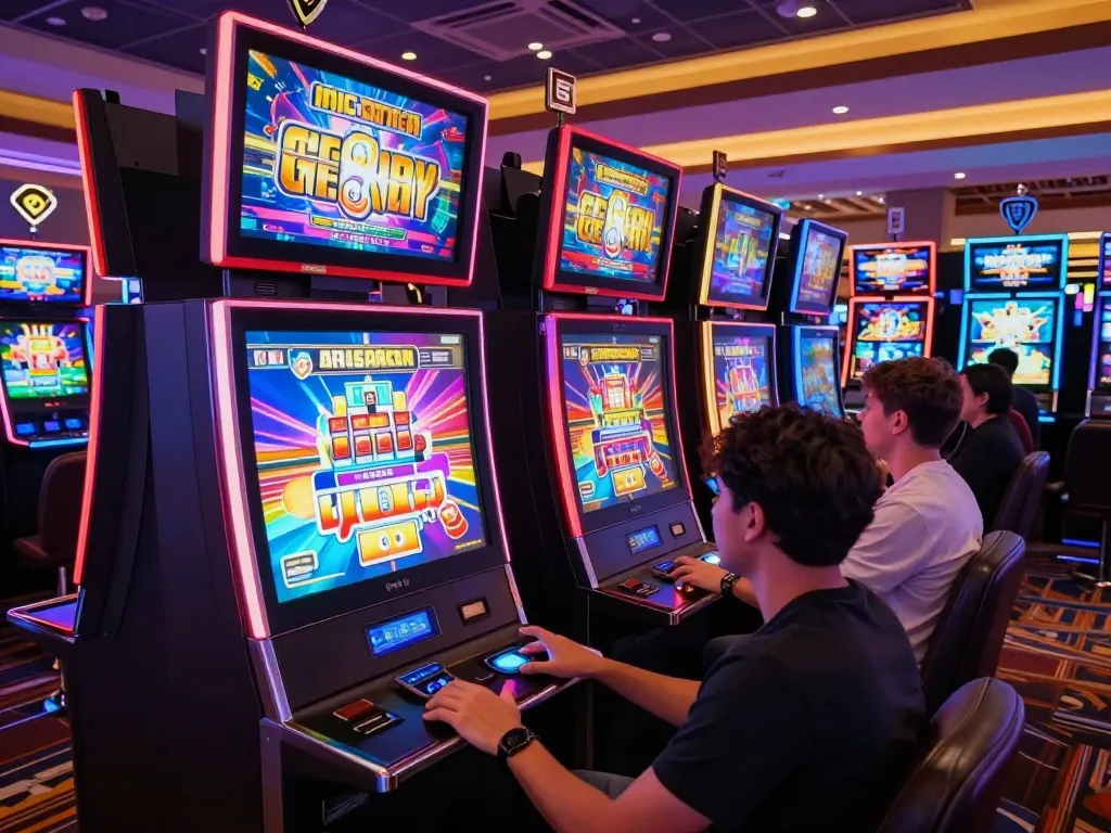 Engaged players enjoying their favorite SLOT machines in a lively casino setting.