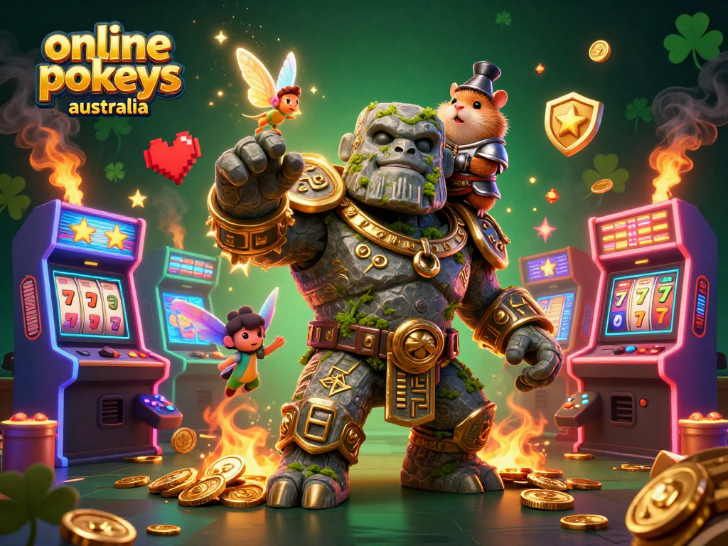 Spin to win with online pokies Australia featuring a stone golem guardian and mystical elements.
