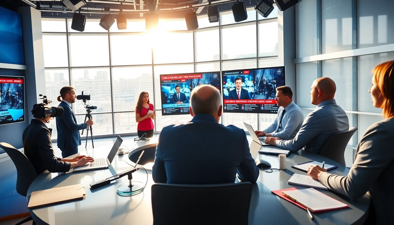 Engaging newsroom scene illustrating news reporters discussing breaking news trends and updates.