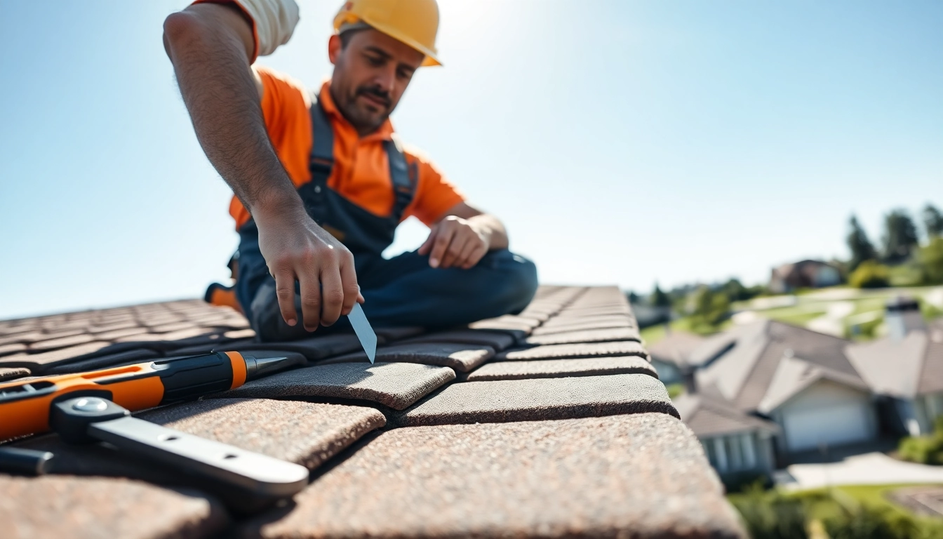 Restoration of roof repair with a contractor inspecting tiles at a home.