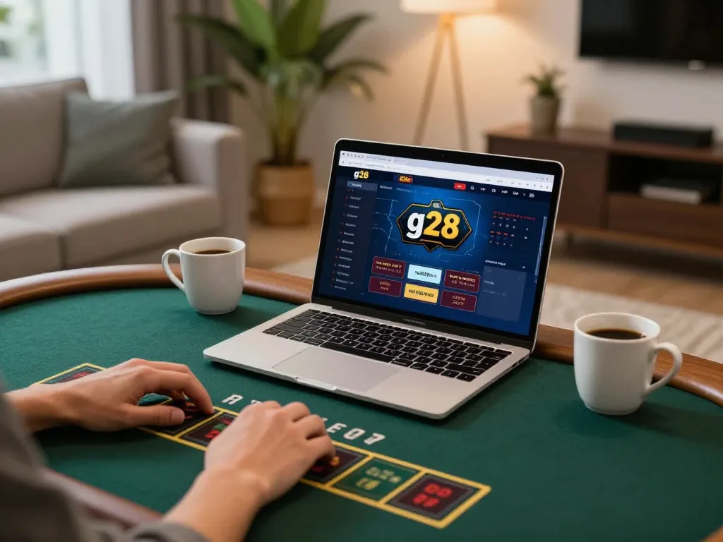 Engaging with the g28 casino betting platform in a cozy home environment, emphasizing online gambling.