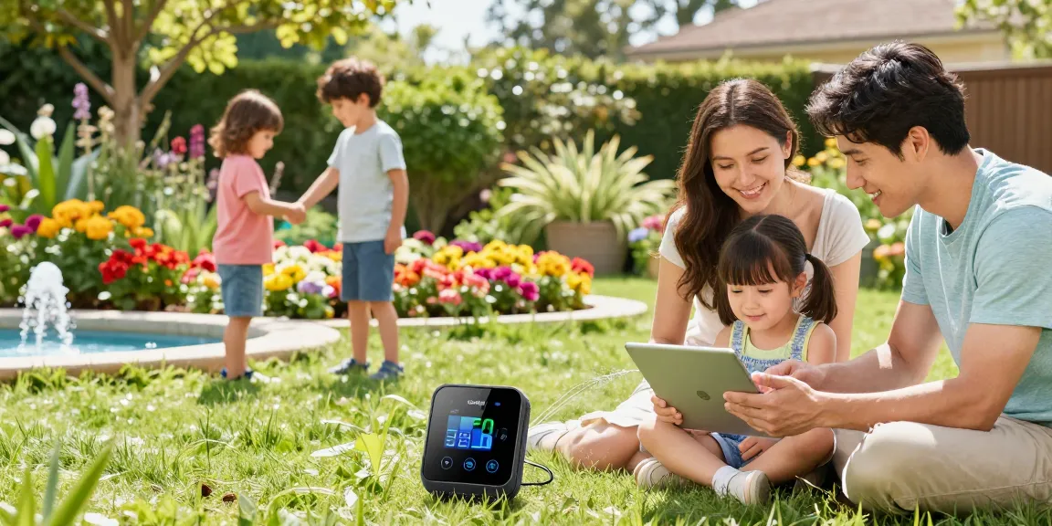 Rainpoint smart sprinkler controller in use, featuring a family managing garden irrigation efficiently in a vibrant outdoor space.
