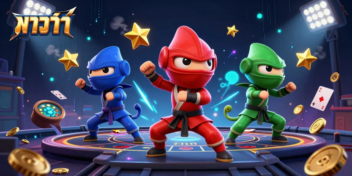 Baccarat action with vibrant 3D chameleon ninjas in dynamic poses, showcasing excitement and fun.