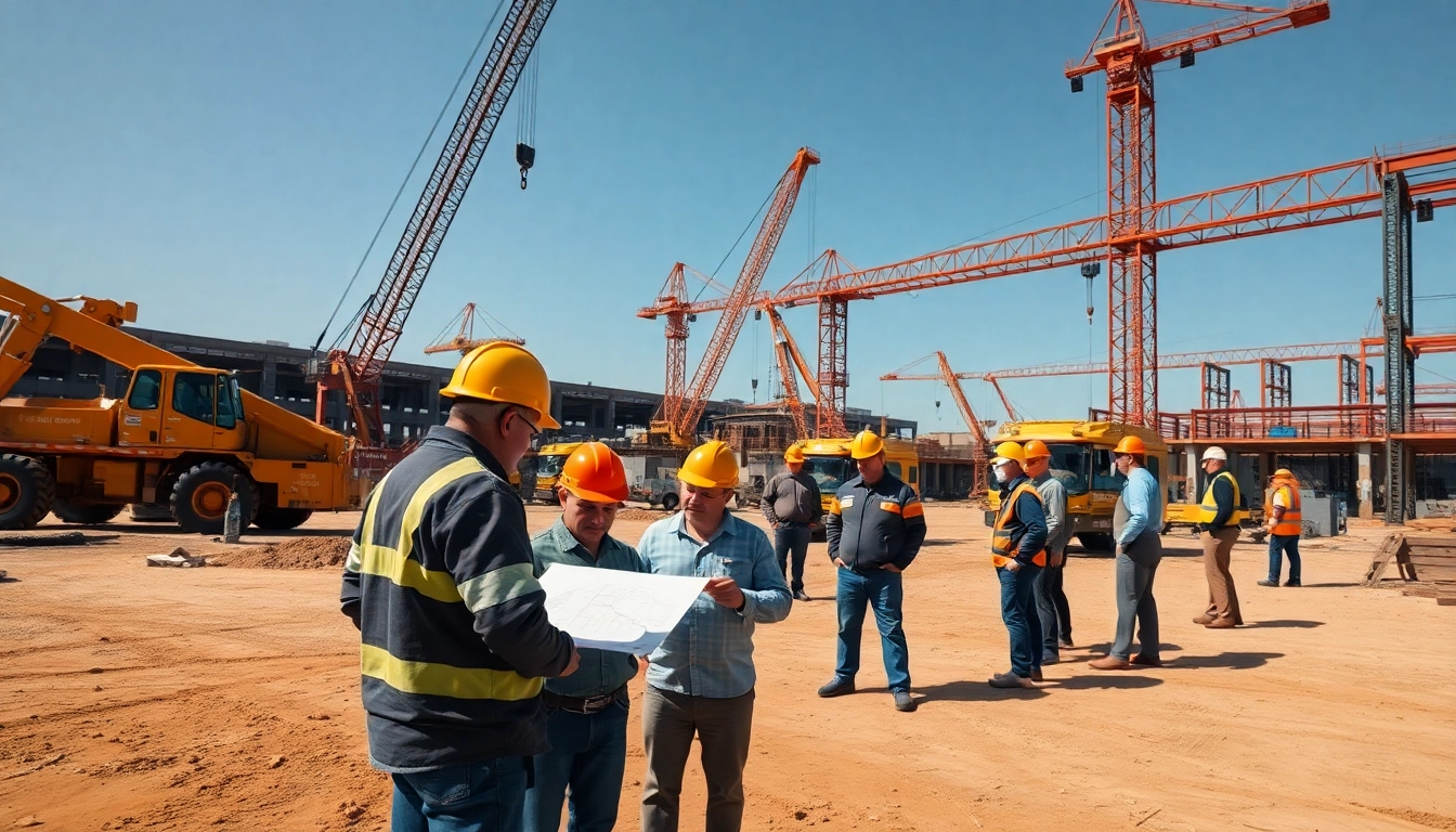 Workers engaged in dynamic construction events on a busy site with machinery.
