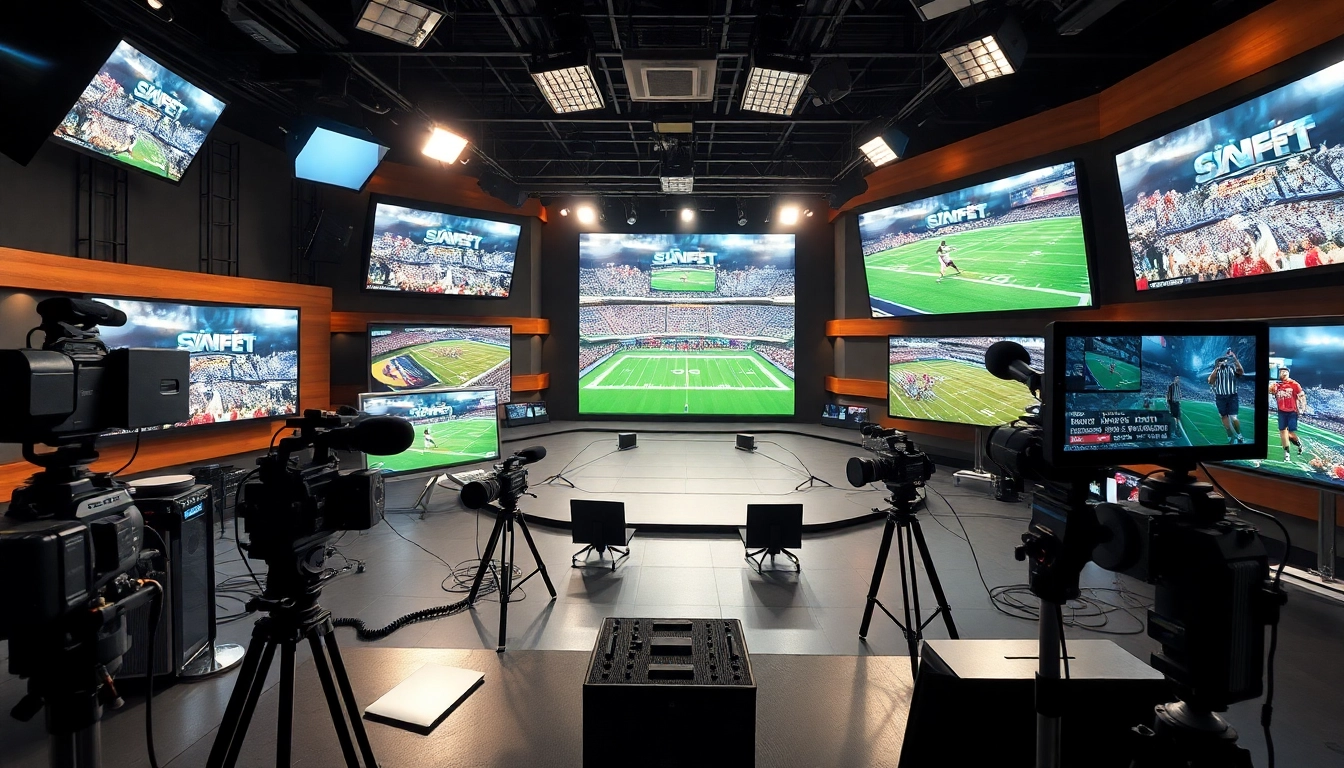 Engaging scene of sports broadcasting with dynamic screens and vibrant equipment.