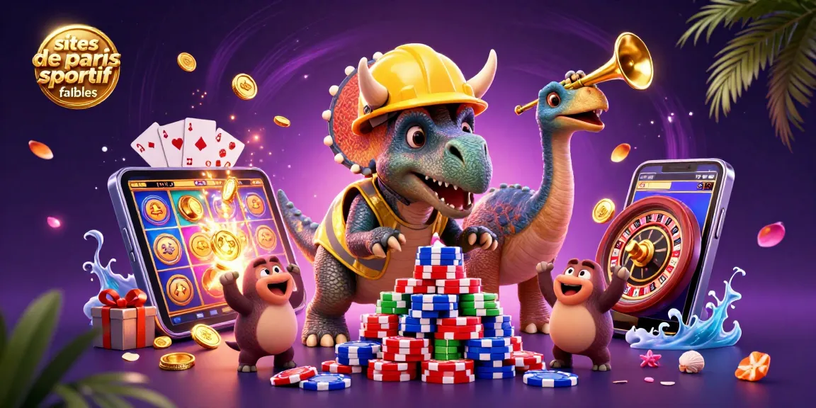 Illustre les sites de paris sportif fiables avec des personnages célébrant autour de jeux d'argent.