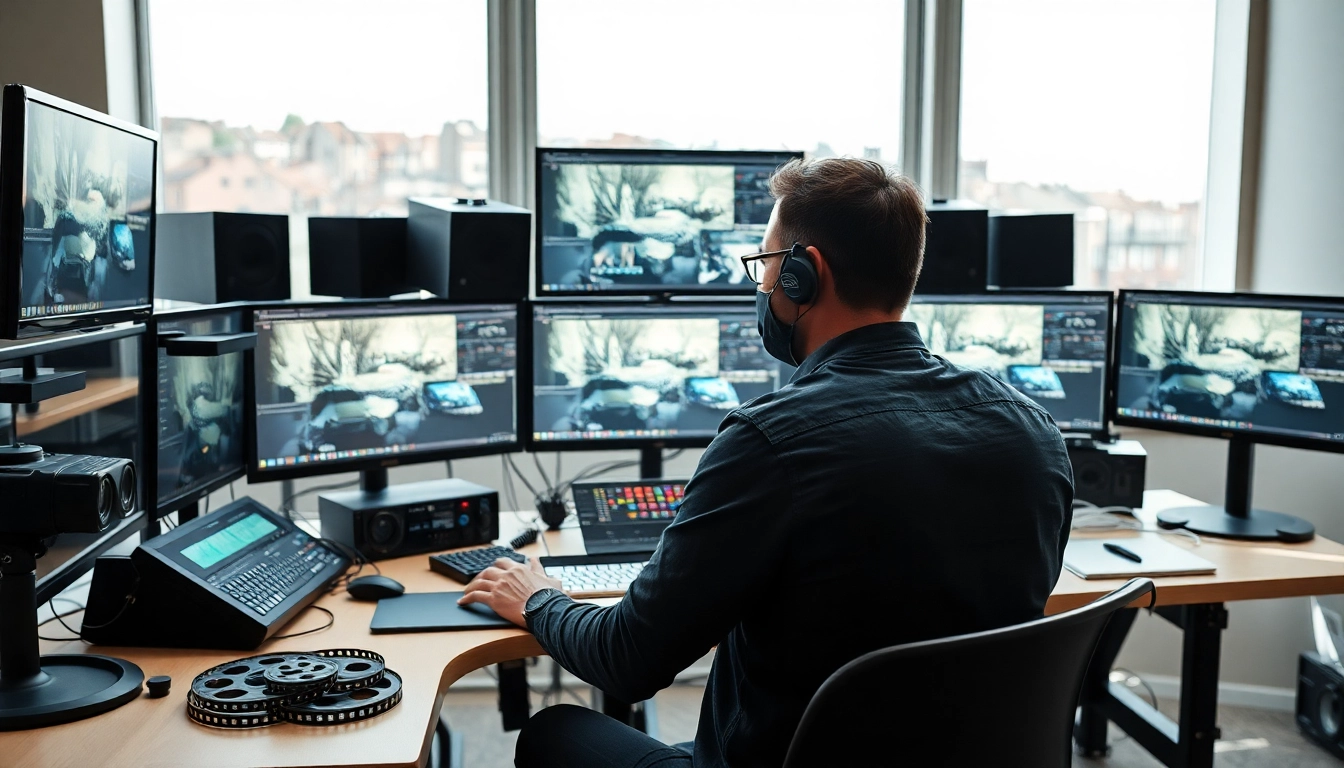 Showcasing post-production & editing process in a vibrant, modern workspace with high-tech gear.