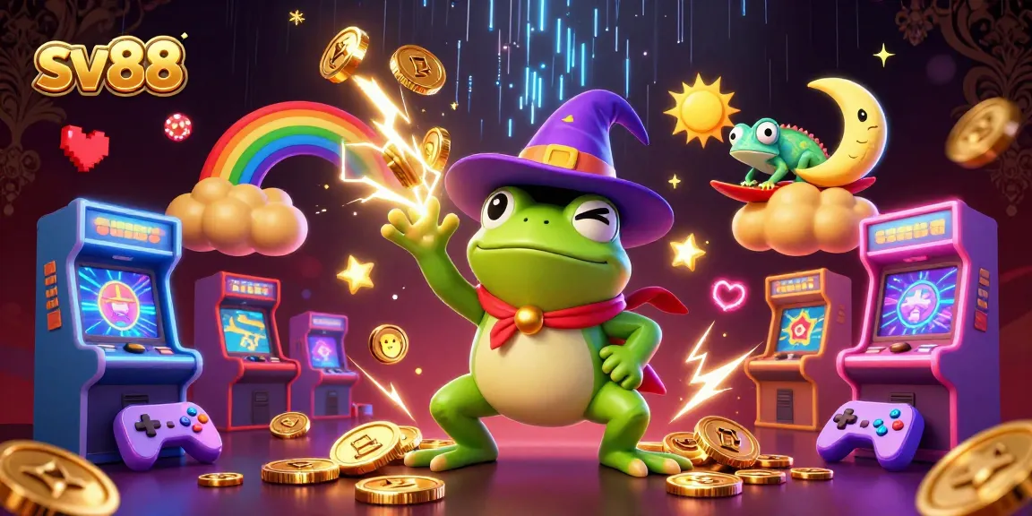 sv88 captures the excitement of winning with a cartoon wizard frog, gold coins, and vibrant gaming elements.