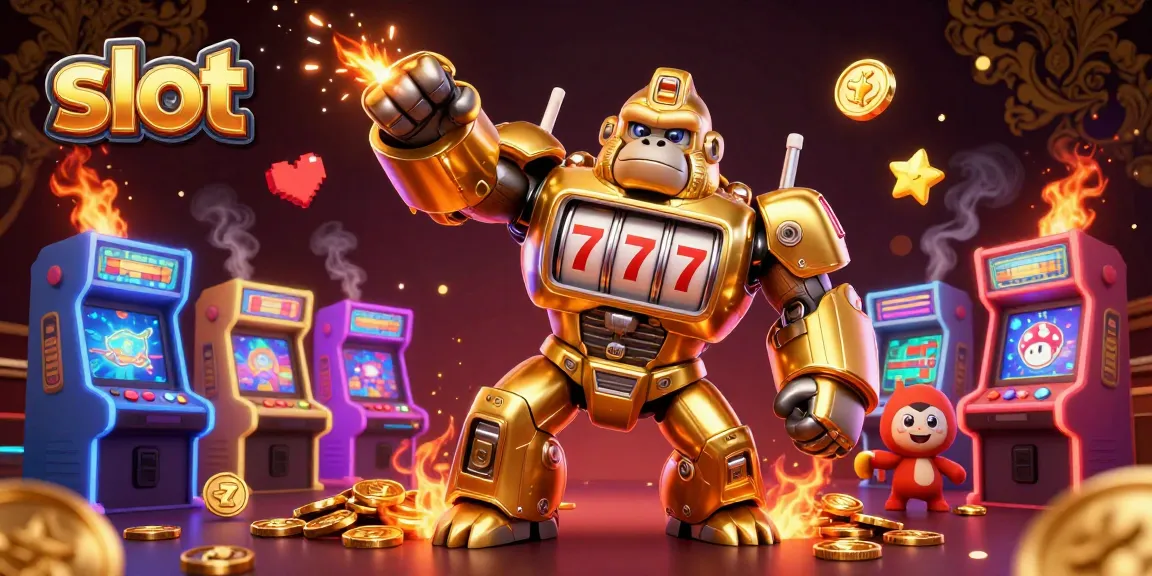 Experience the thrill of slot games with an animated gorilla mech and colorful casino elements.