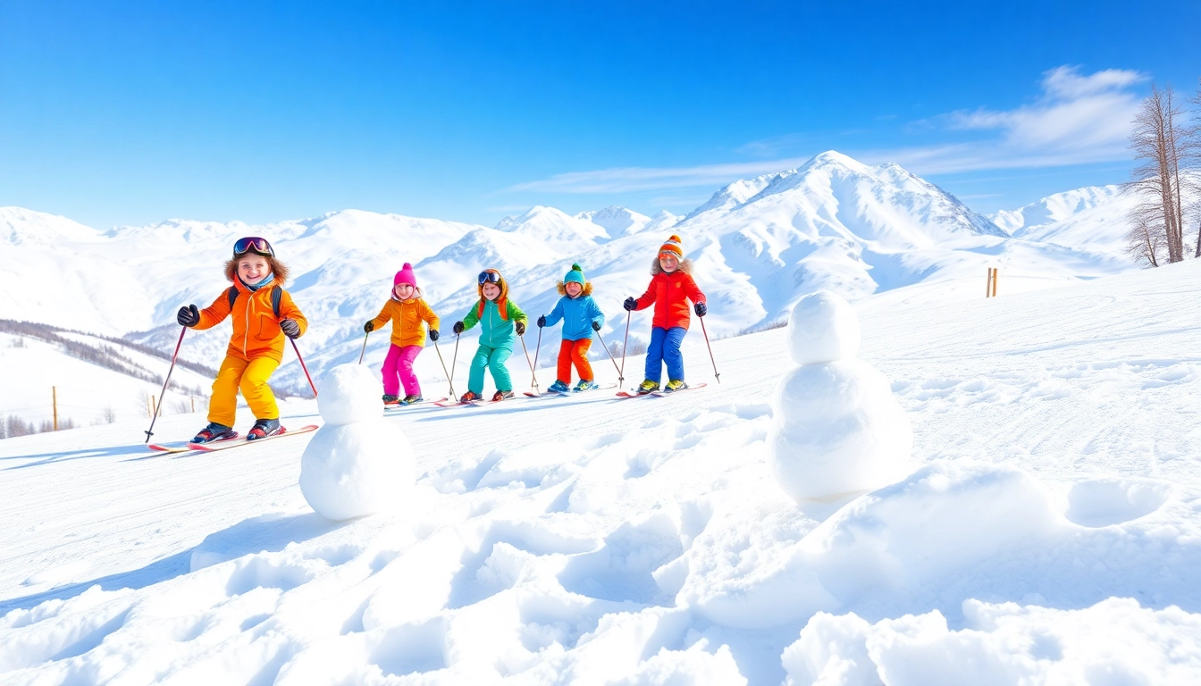 Children enjoying skiing and making a snowman, reflecting the Jr Lease winter adventure.