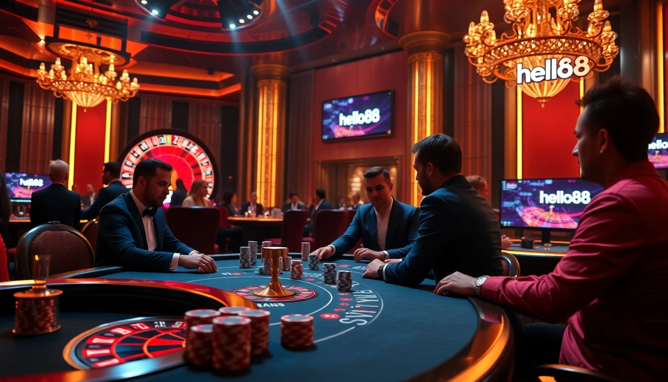 Exciting casino scene with gamblers playing poker at hello88, featuring poker chips and roulette wheel.