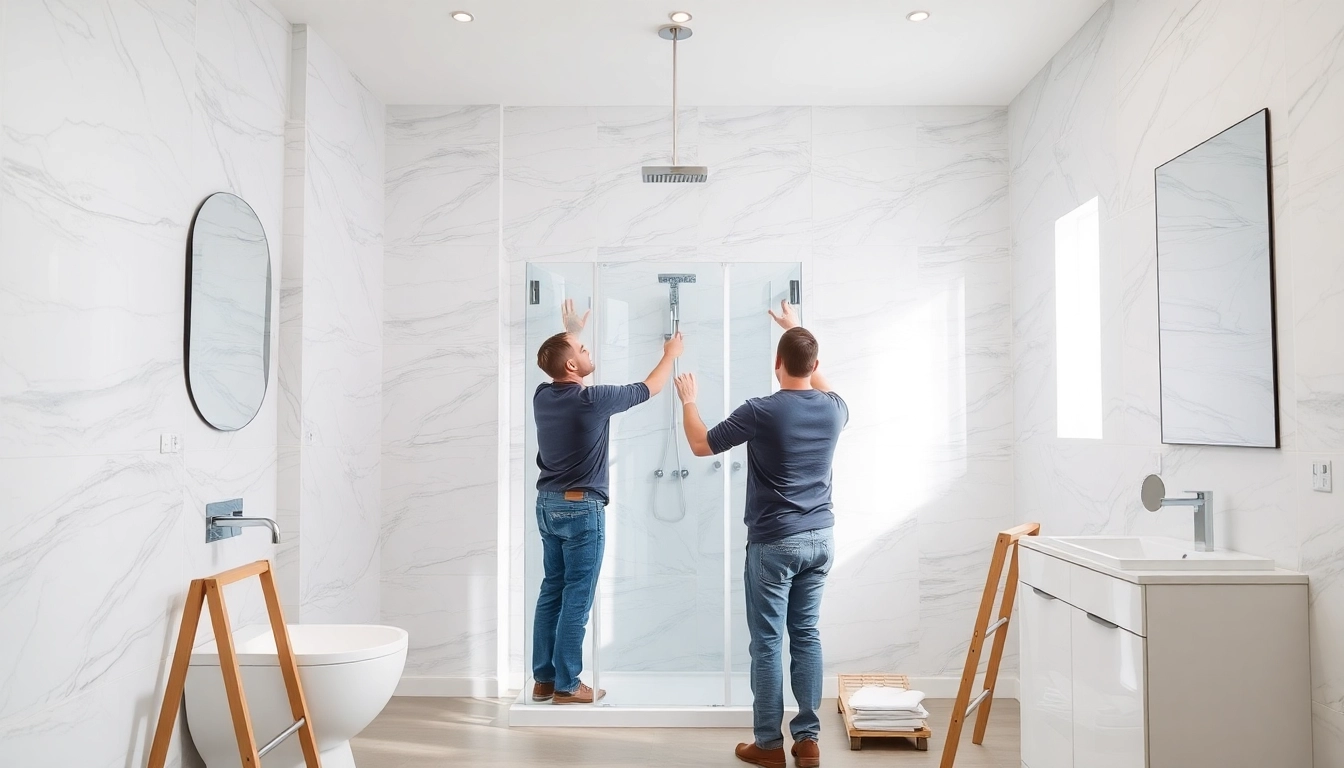 Bathroom installers expertly fitting a modern shower in a stylish residential bathroom.