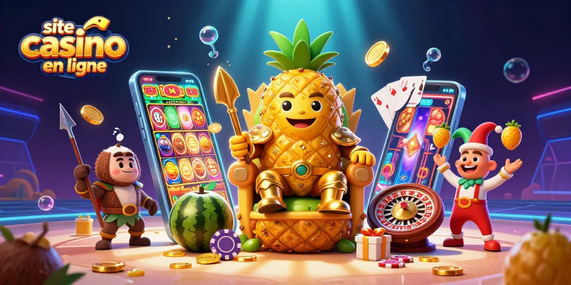 Jeu dynamique sur le site casino en ligne avec roi ananas et nombreux éléments de casino.