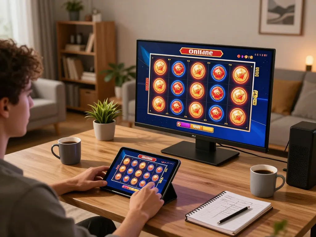 Play exciting slot games online at situs slot gacor with vibrant reels on screen in a cozy home setup.