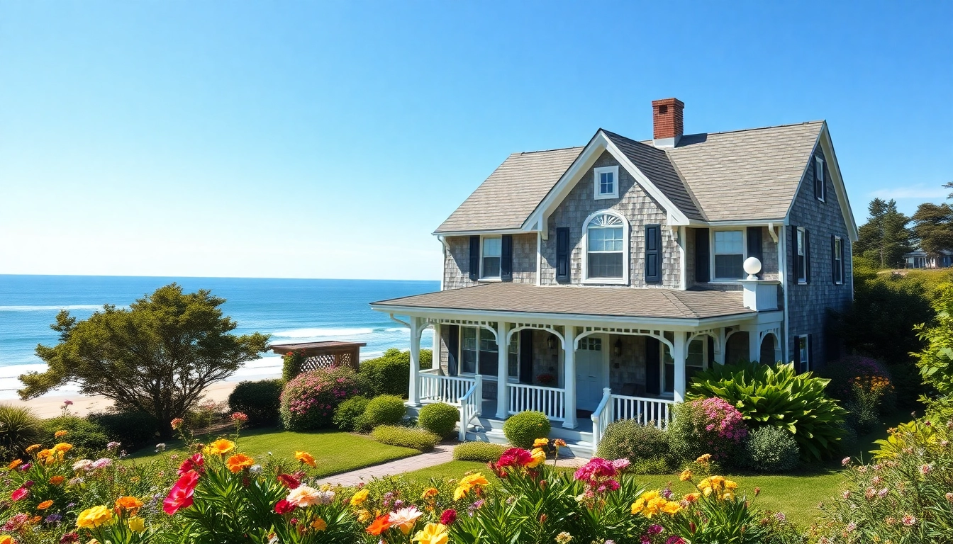 A beautiful cape cod home set against lush greenery and a coastal view, showcasing its charming architecture.