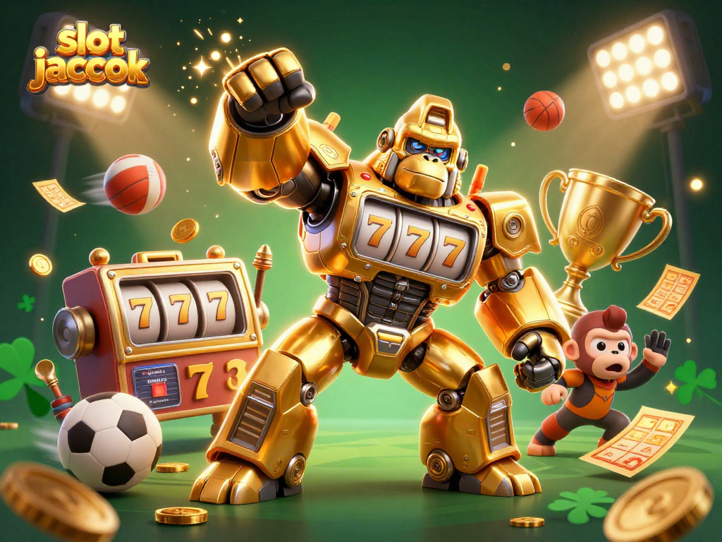 Experience thrilling slot jackpot action with golden gorilla mech and dynamic sports elements.