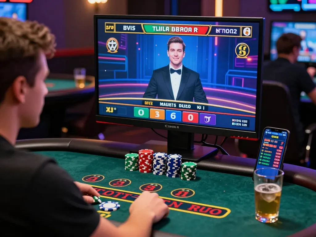 Engaging baccarat game experience on a vibrant online casino platform showcasing a player, colorful chips, and live dealer interaction.