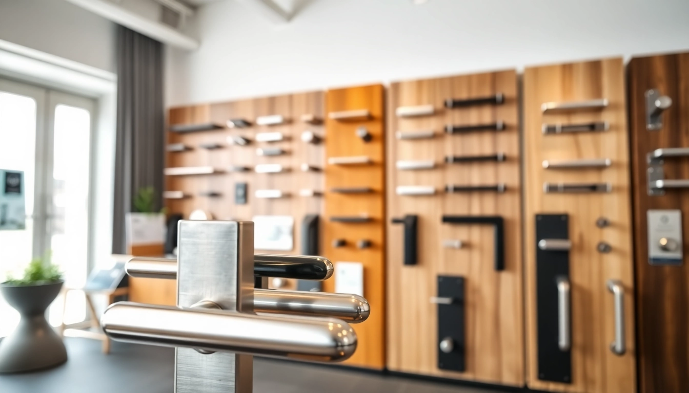 Showcase of various door handle styles by leading Door Handle Suppliers in a bright showroom.