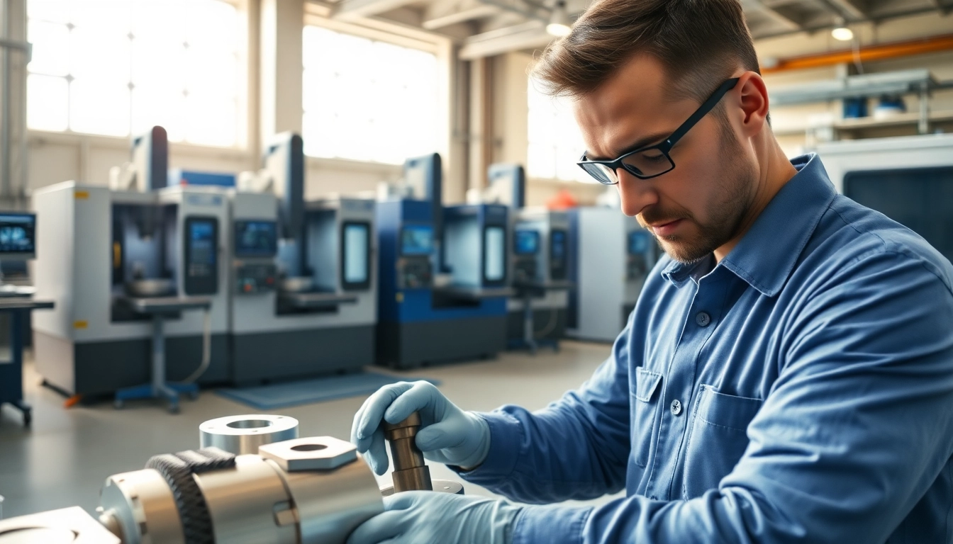 Custom part manufacturer inspecting precision components in a high-tech workshop.