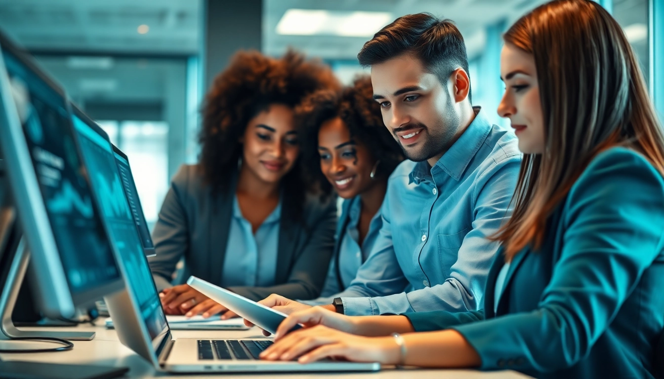 Enhance productivity with enterprise assistant software represented by a dynamic team utilizing digital tools.