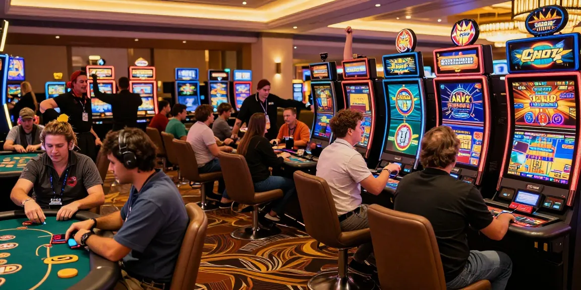 Exciting ambiance of credit card casinos with players at poker tables and slot machines, capturing vibrant gaming experience.