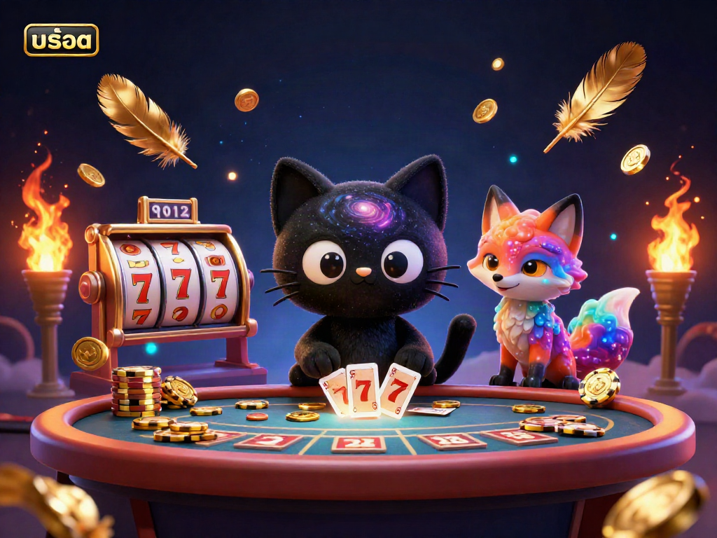 Experience สล็อต in action with a cosmic cat attracting chips and cards at a vibrant casino.