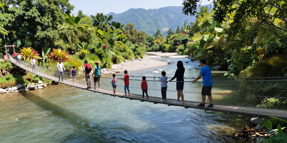 Family crossing a River Rope Bridge, enjoying nature's beauty and adventure.