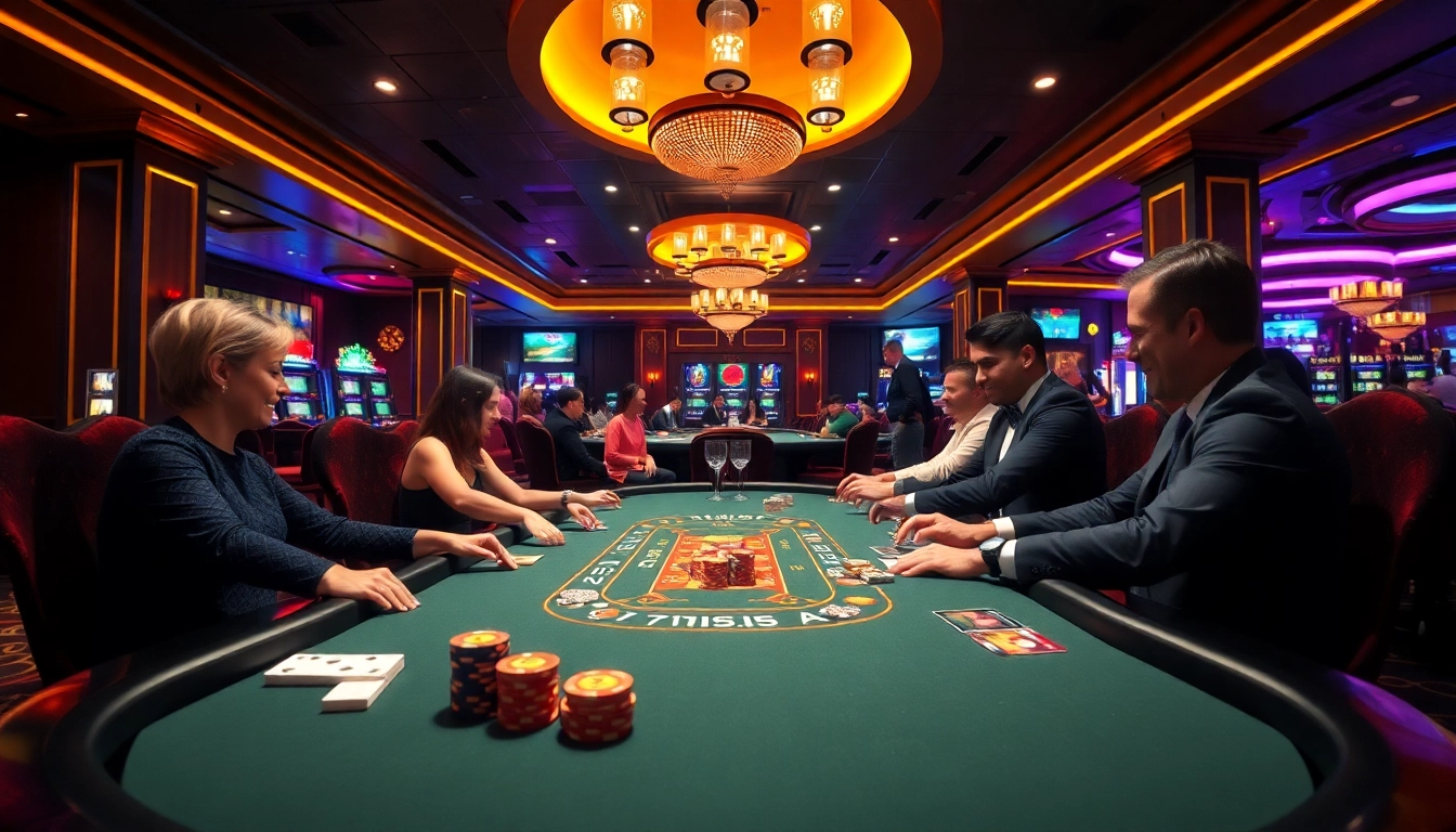 Situs toto dalam suasana kasino yang meriah, pemain mengelilingi meja blackjack.