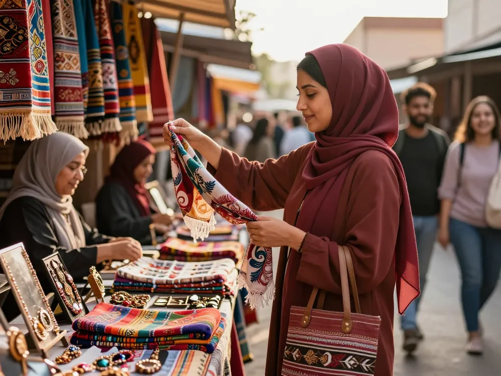 Fashionable woman wearing a modal hijab exploring vibrant market filled with textiles and crafts.