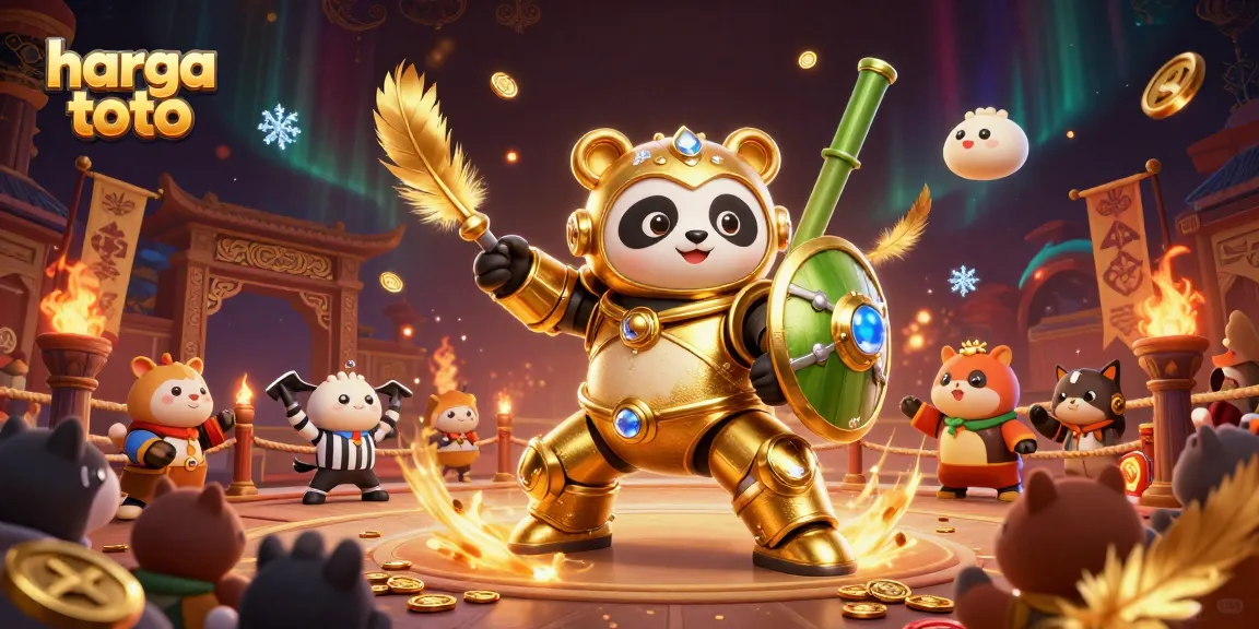 Experience the thrill of harga toto gaming within an energetic, vibrant casino arena, featuring a golden mech-suit panda in action.