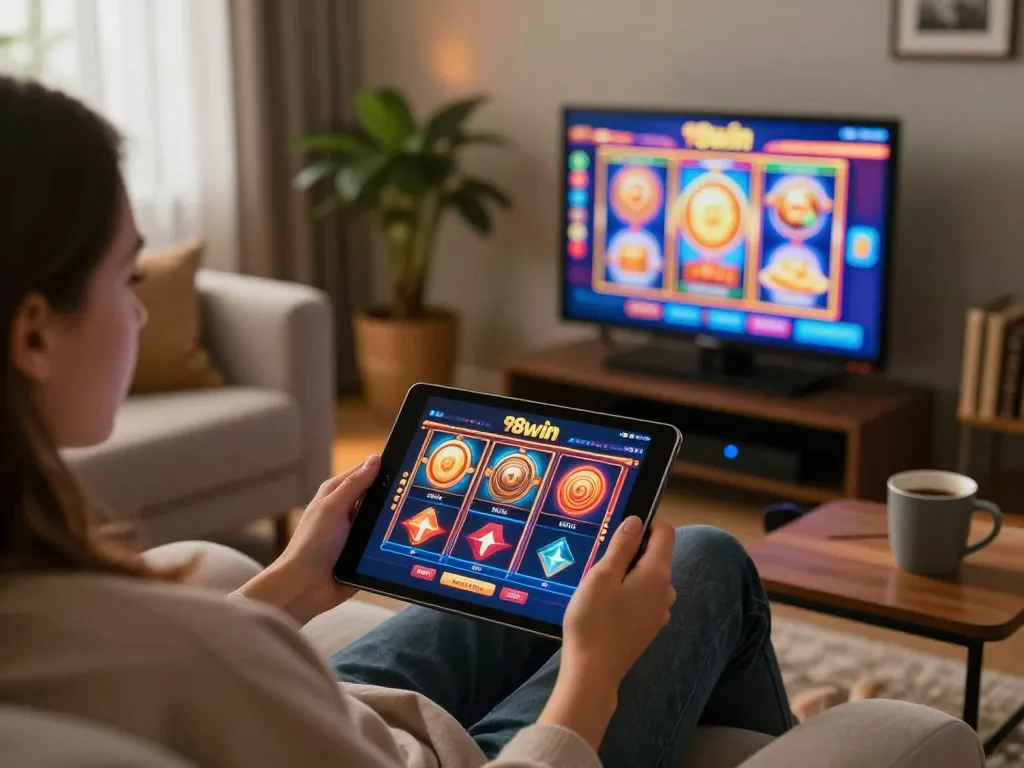 Player engaging with the 98win app on tablet during an exciting online casino session.