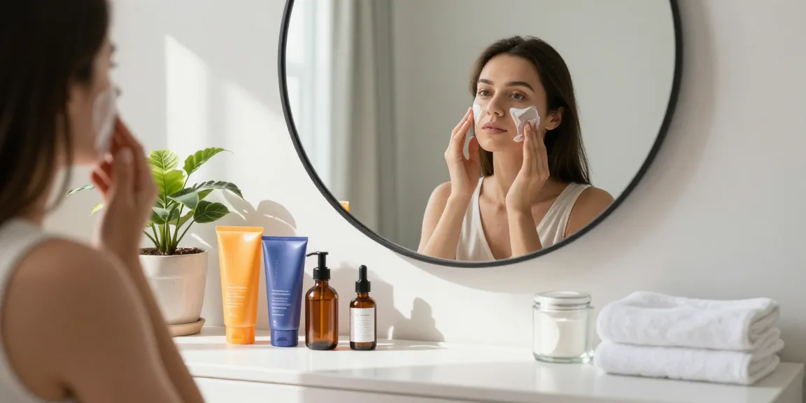 Produse pentru îngrijirea pielii aplicate într-o baie modernă, prezentând produse esențiale pentru o piele radiantă.