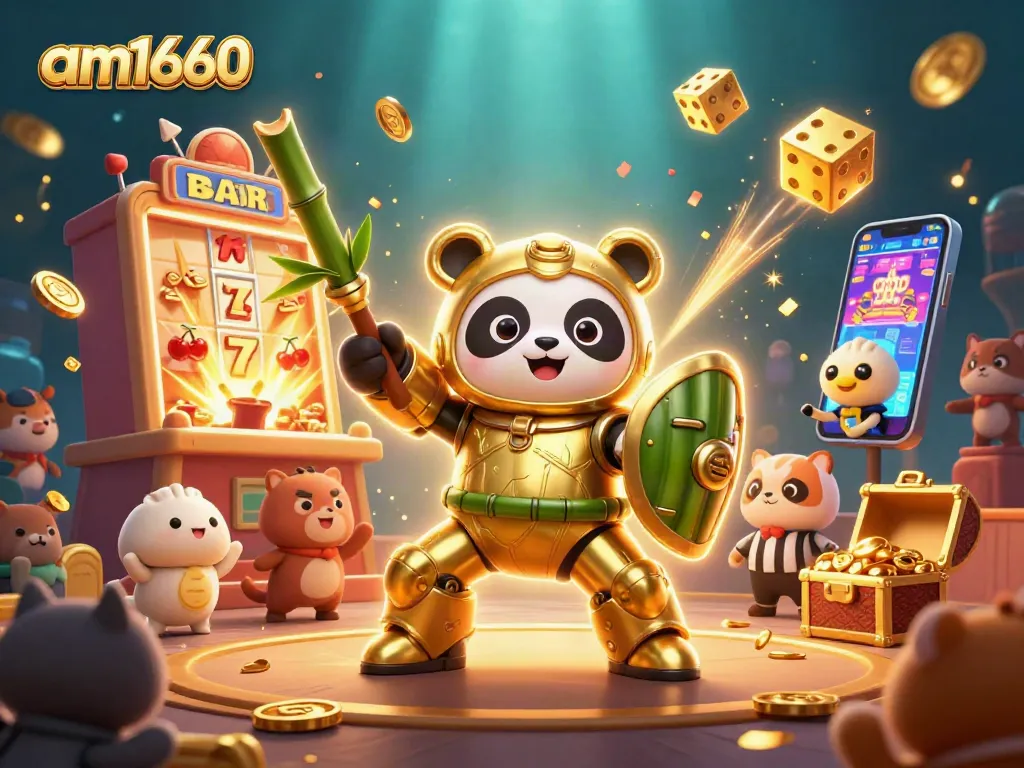 am1660 menampilkan panda emas berkostum mech dalam arena judi dengan jackpot slot melimpah.
