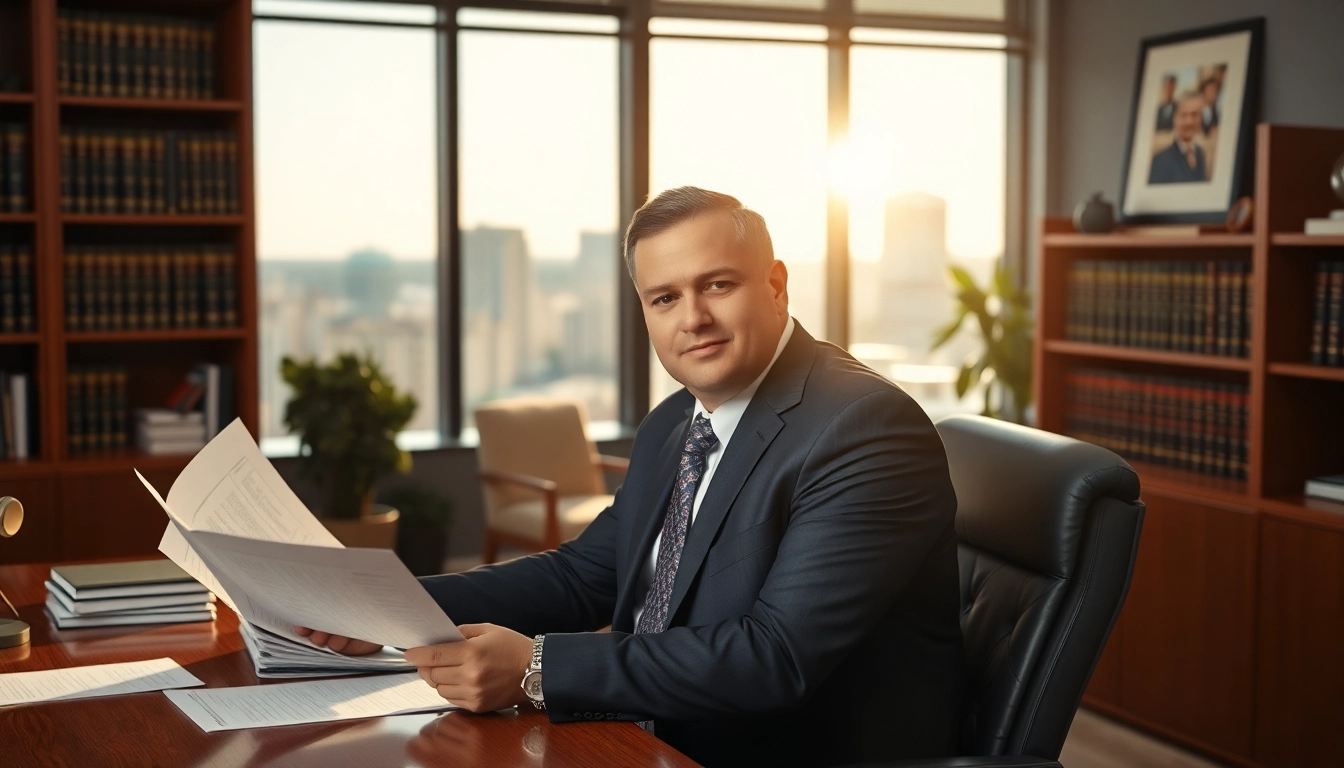Clearwater truck accident attorney analyzing case files in a law office, exuding professionalism.
