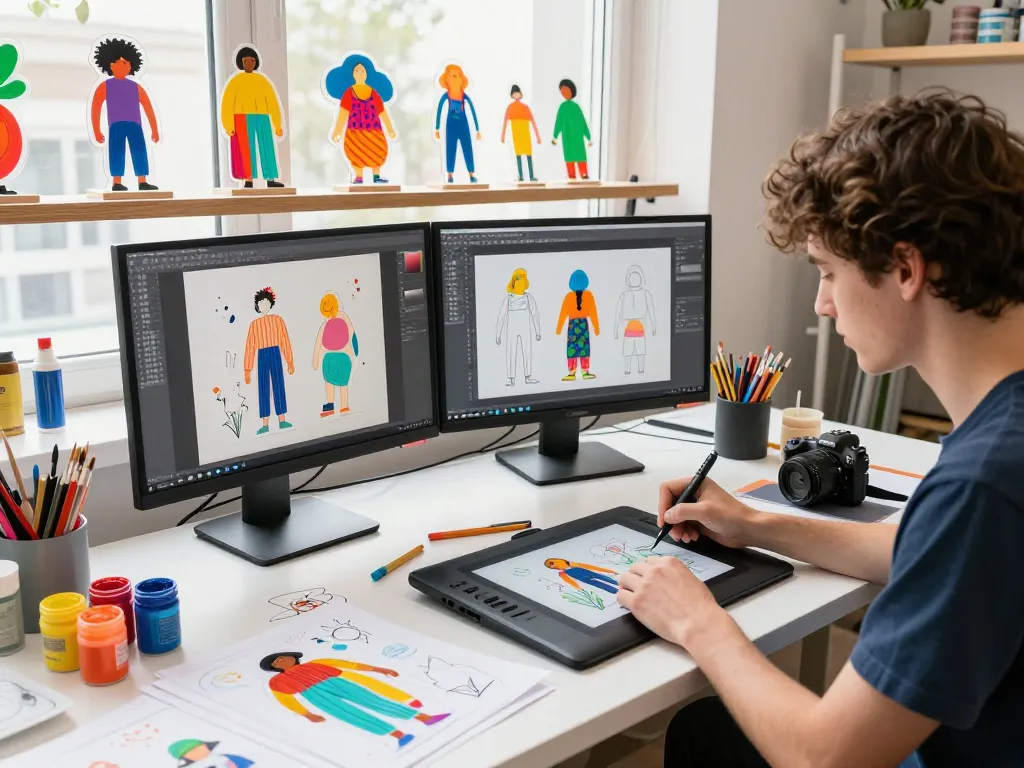 Custom acrylic standee design workspace, with artist sketching and vibrant supplies.