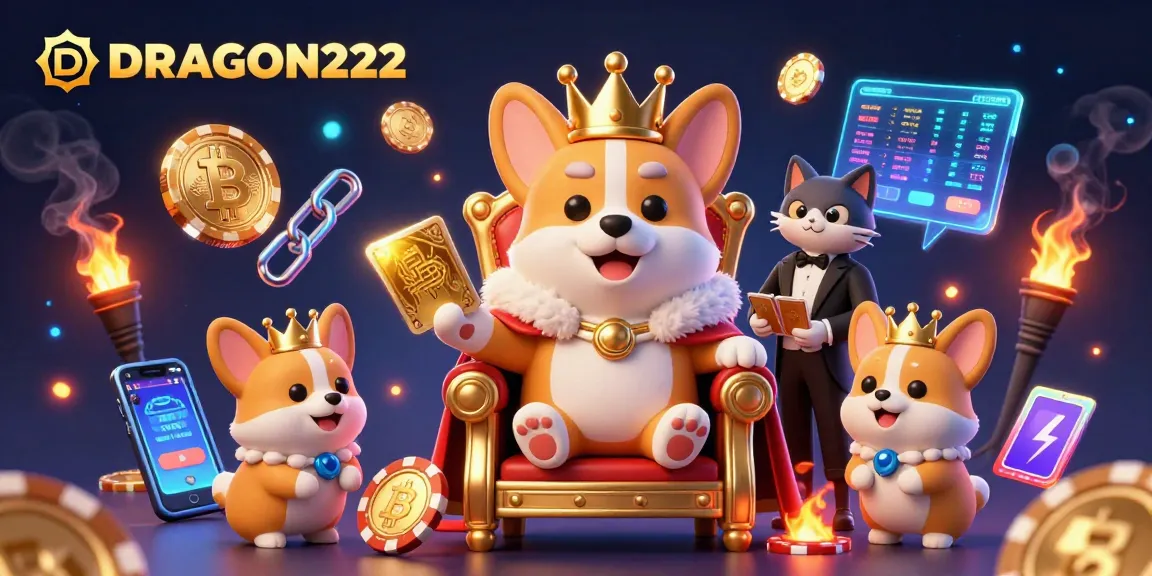 Experience the excitement of DRAGON222 with a royal corgi on a poker chip throne amidst crypto-inspired elements.