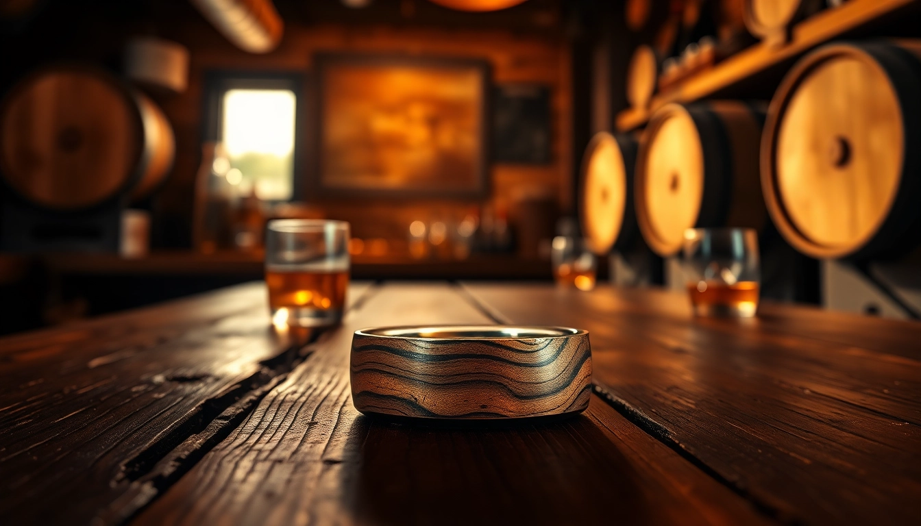 Exquisite whiskey barrel wedding bands showcasing unique wood grain and craftsmanship.