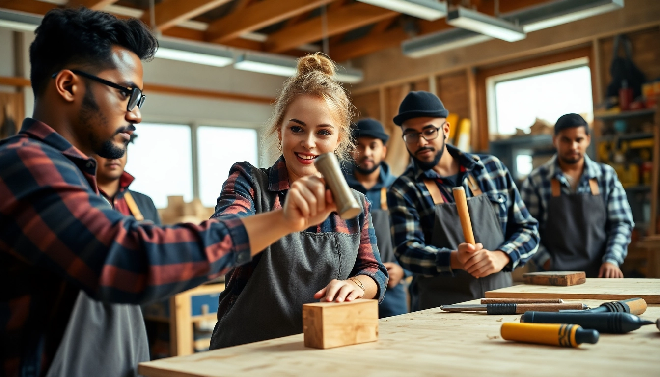 Engaged apprentices in construction craft training learning skills with hands-on instruction.