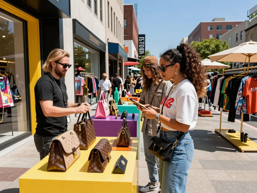 Fashionable shopper exploring 레플리카 bags in vibrant urban setting