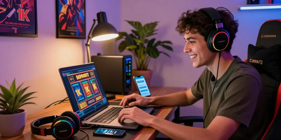 Excited player engaging with slot deposit 1k in a cozy gaming setup with vibrant lighting and stylish decor.