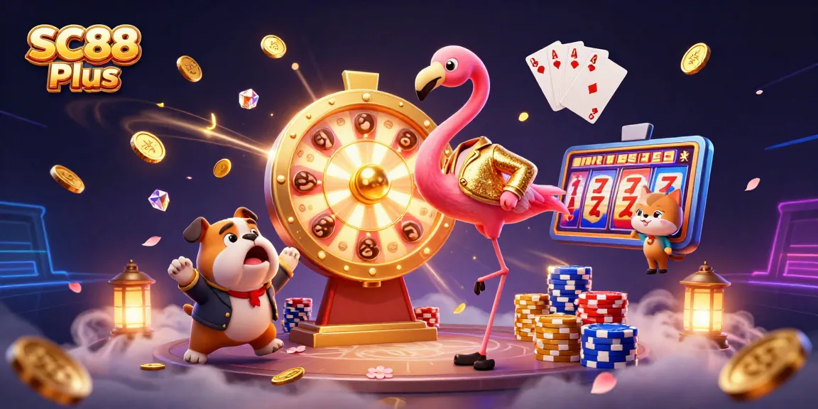 Engage with SC88 Plus as a flamingo game show host spins a prize wheel amid golden coins and vibrant gems.