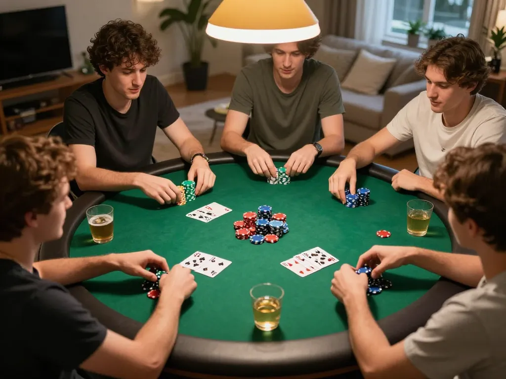 Players enjoying a home poker night with strategic gameplay at lc88.