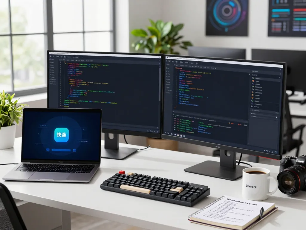快连 network optimization in a modern software development workspace with a developer coding and dual monitors.