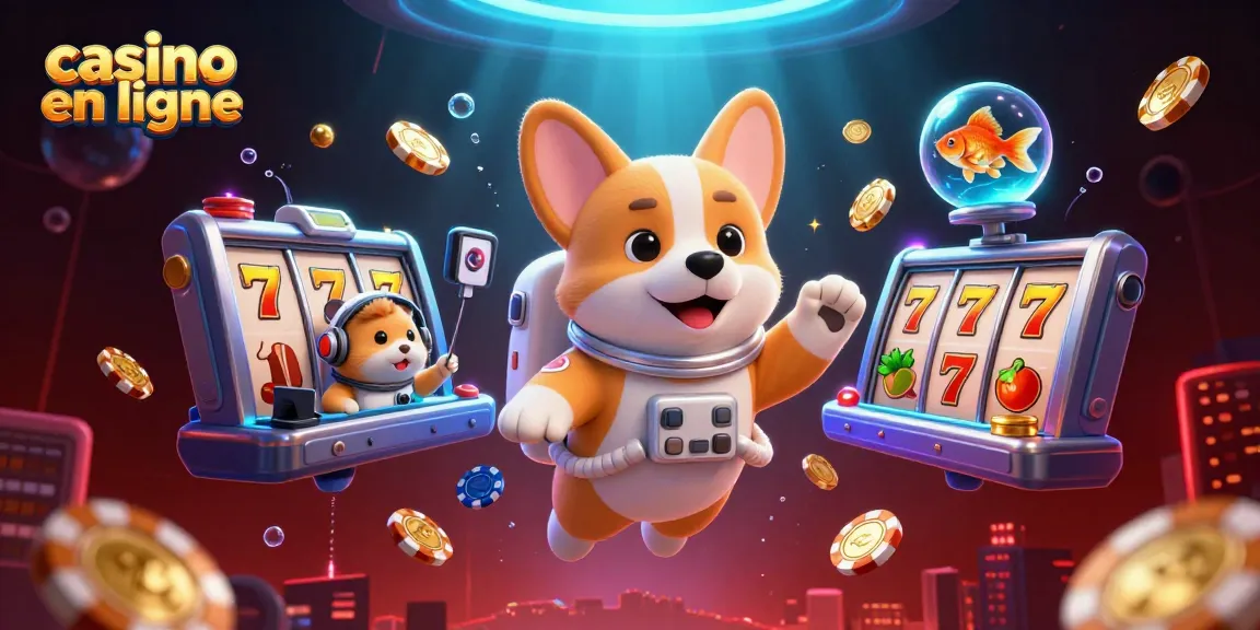Plongez dans le casino en ligne avec un corgi astronaute flottant parmi des jetons et des rouleaux de machines.