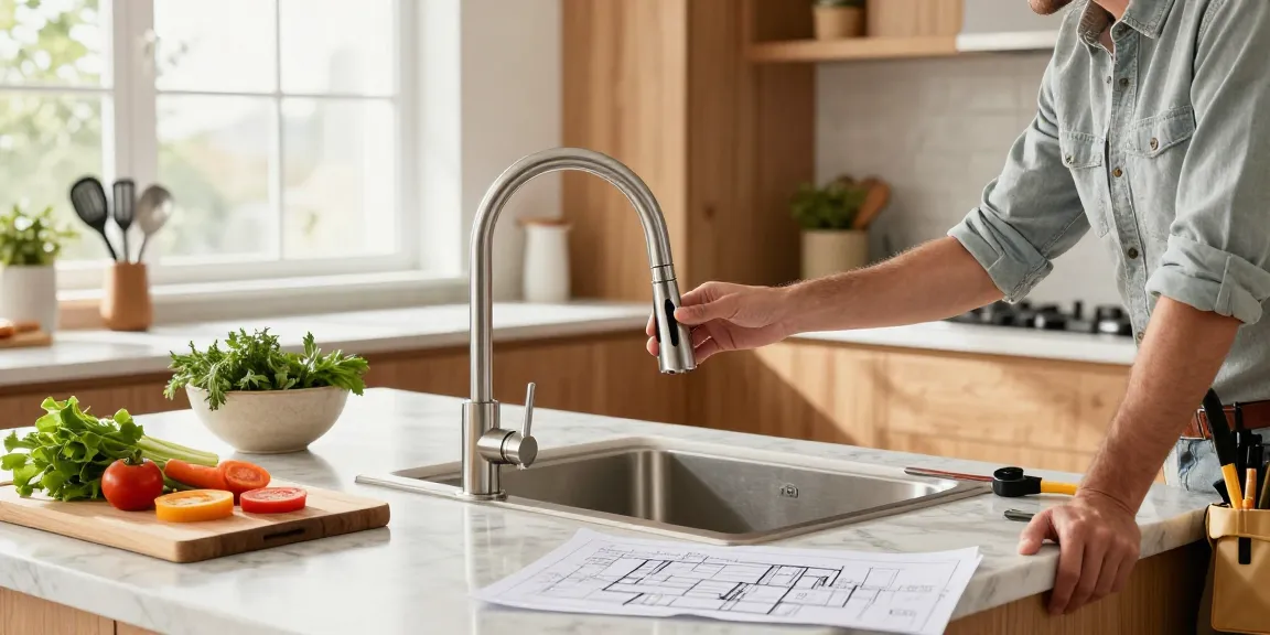 Stylish kitchen faucets featured in modern kitchen installation with designer.