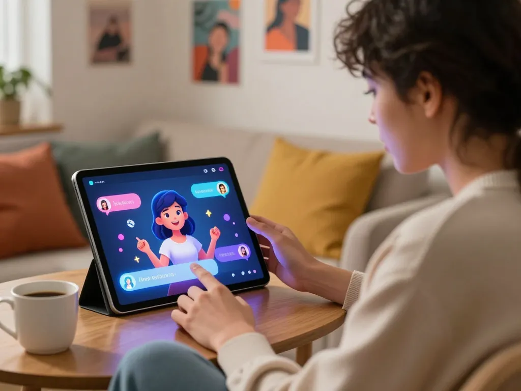 Interactive scene of a user engaging with a sex chat AI chatbot on a tablet in a cozy room, symbolizing modern conversations.