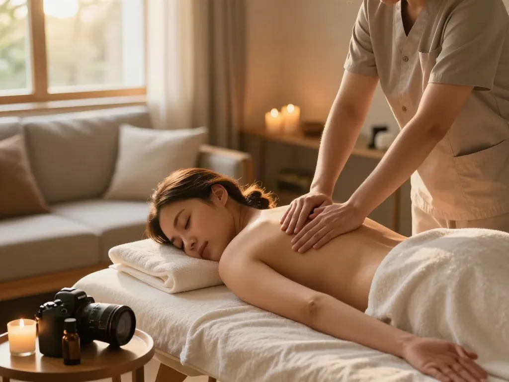 Inviting scene of a 건대출장마사지 session in a serene room with warm lighting and soothing ambiance.