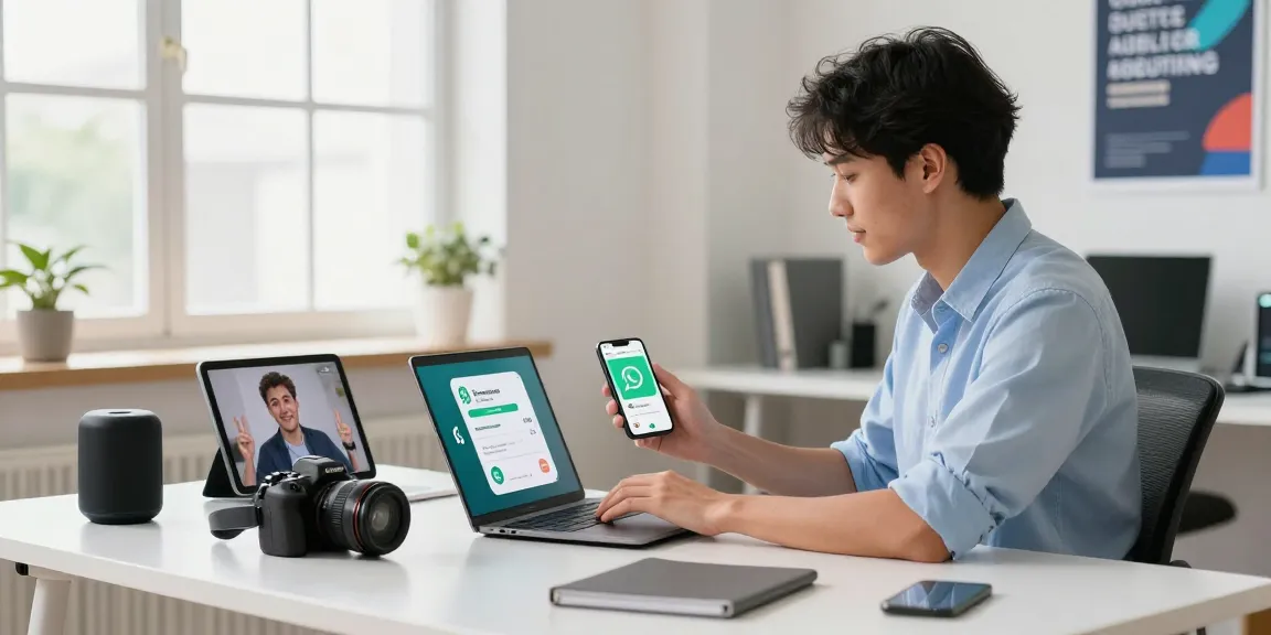 Downloading WhatsApp下載 on a smartphone in a modern tech workspace with gadgets and natural light.