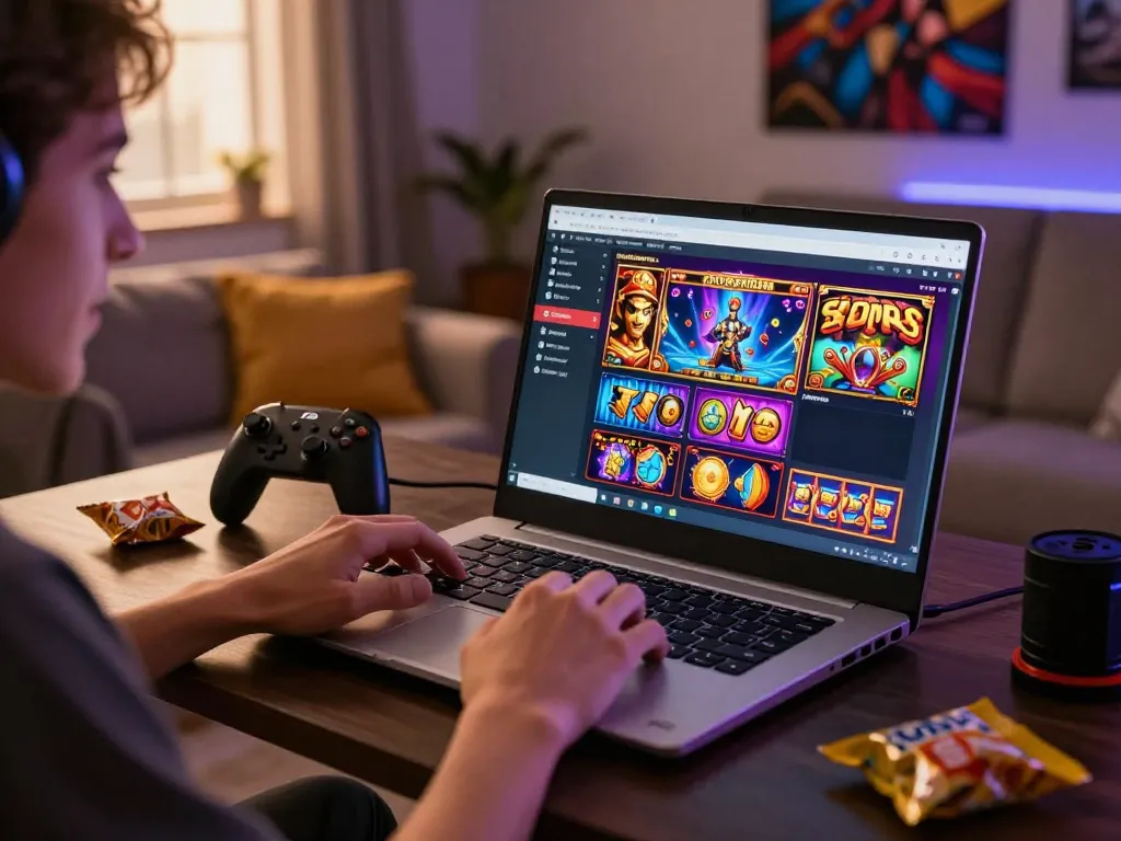 Pemain antusias menikmati situs slot gacor di laptop dalam pengaturan permainan yang nyaman.