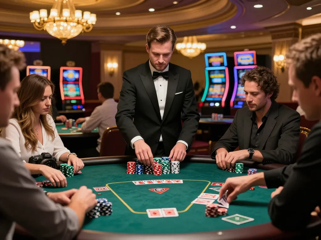 Players engaged in an intense poker game at an ATQ casino table, highlighting chips and dealer in action.